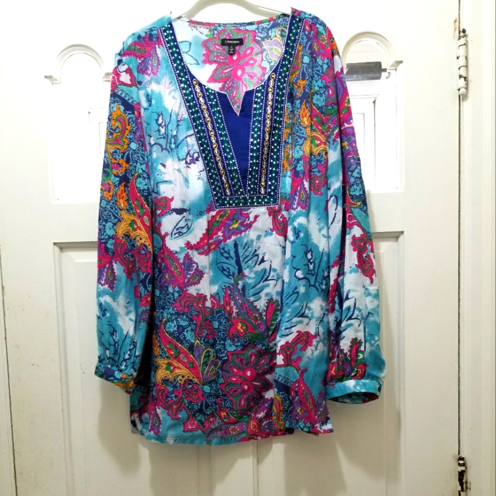 Women's J Peterman Hippie Boho Beaded Floral Print Blouse, XL